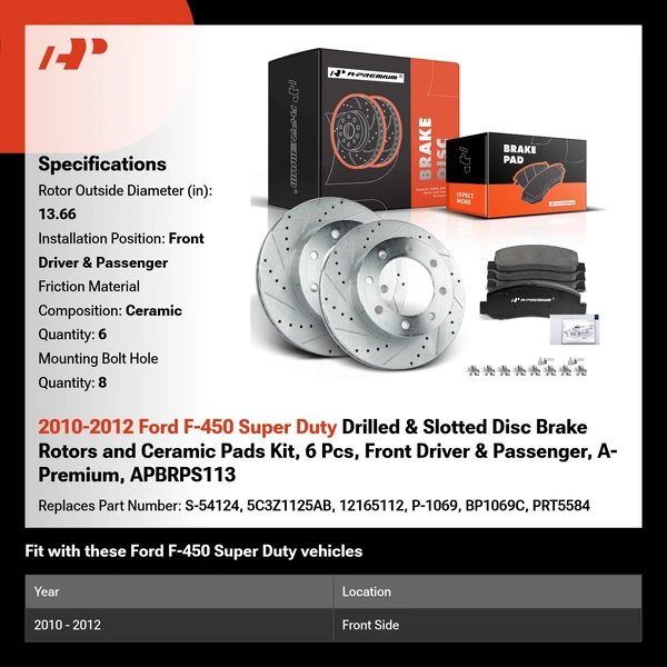 2010-2012 Ford F-450 Super Duty Drilled & Slotted Disc Brake Rotors and Ceramic Pads Kit, 6 Pcs, Front Driver & Passenger, A-Premium, APBRPS113