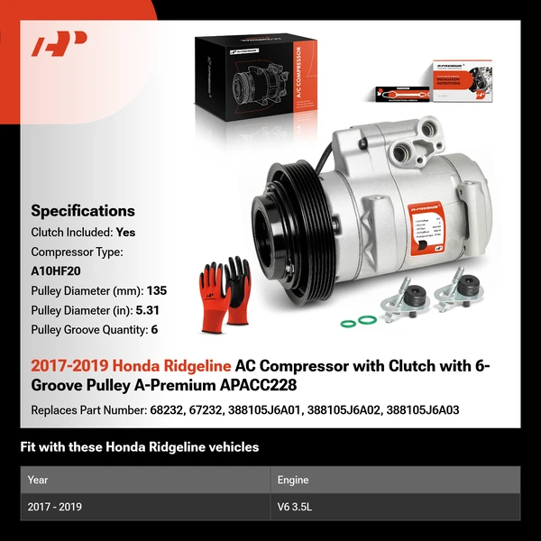 2017-2019 Honda Ridgeline AC Compressor with Clutch with 6-Groove Pulley A-Premium APACC228