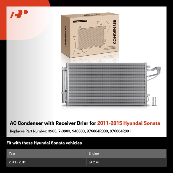 AC Condenser with Receiver Drier for 2011-2015 Hyundai Sonata