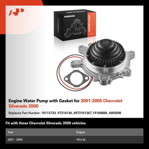 Engine Water Pump with Gasket for 2001-2005 Chevrolet Silverado 3500