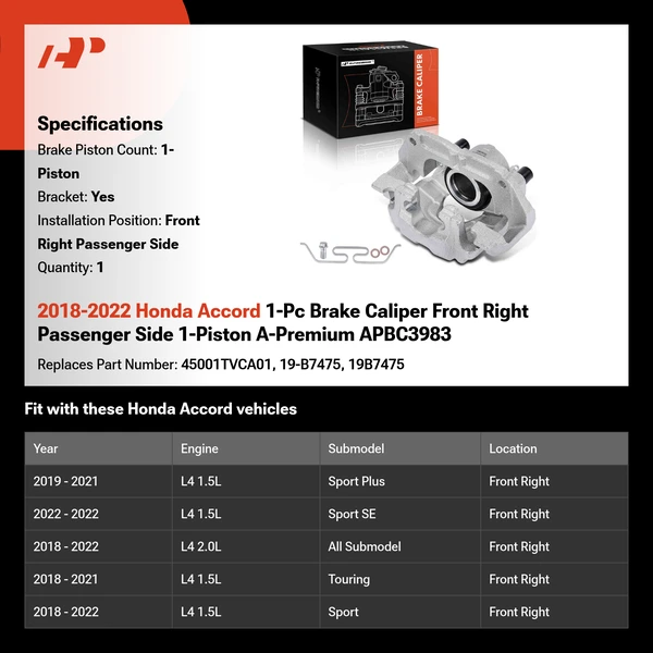 2018-2022 Honda Accord 1-Pc Brake Caliper Front Right Passenger Side 1-Piston A-Premium APBC3983