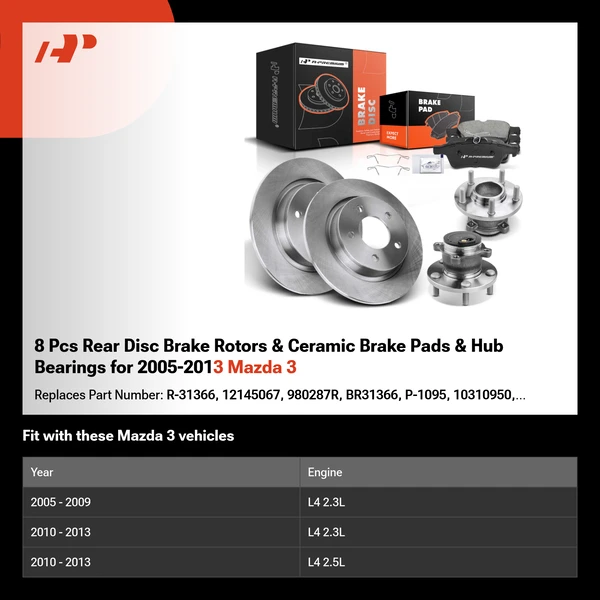 8 Pcs Rear Disc Brake Rotors & Ceramic Brake Pads & Hub Bearings for 2005-2013 Mazda 3