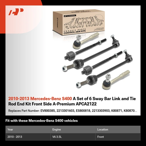 2010-2013 Mercedes-Benz S400 A Set of 6 Sway Bar Link and Tie Rod End Kit Front Side A-Premium APCA2122