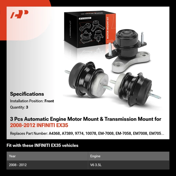 3 Pcs Automatic Engine Motor Mount & Transmission Mount for 2008-2012 INFINITI EX35