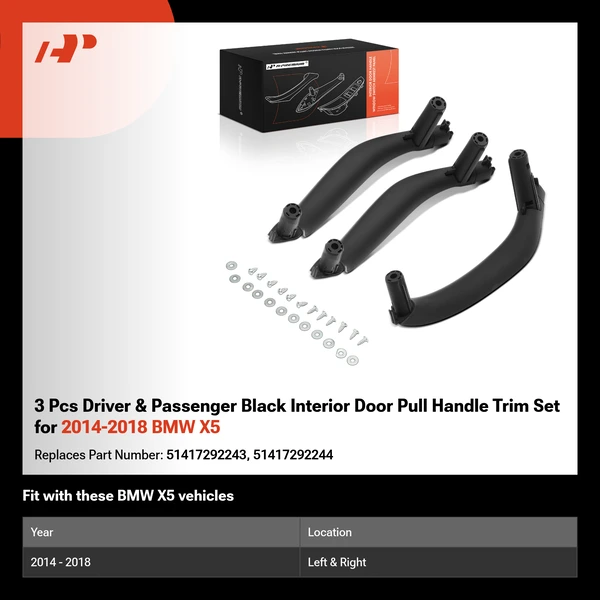 3 Pcs Driver & Passenger Black Interior Door Pull Handle Trim Set for 2014-2018 BMW X5