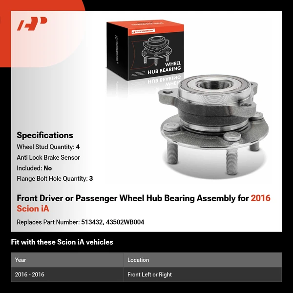 Front Driver or Passenger Wheel Hub Bearing Assembly for 2016 Scion iA