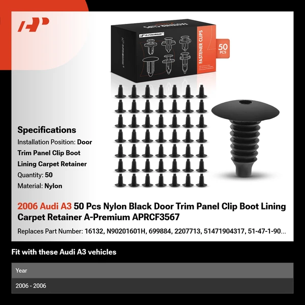 2006 Audi A3 50 Pcs Nylon Black Door Trim Panel Clip Boot Lining Carpet Retainer A-Premium APRCF3567