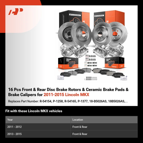 16 Pcs Front & Rear Disc Brake Rotors & Ceramic Brake Pads & Brake Calipers for 2011-2015 Lincoln MKX