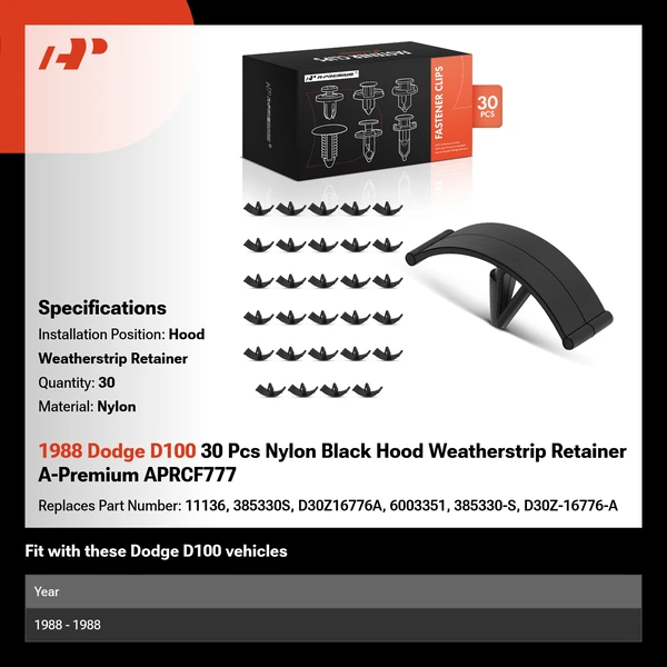 1988 Dodge D100 30 Pcs Nylon Black Hood Weatherstrip Retainer A-Premium APRCF777