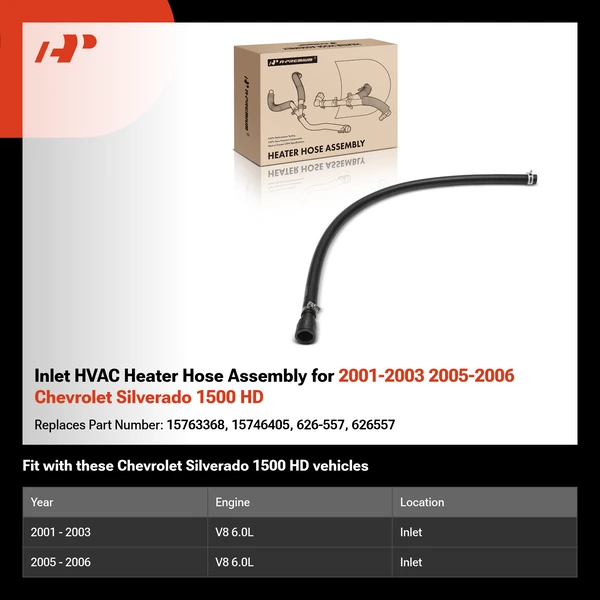 Inlet HVAC Heater Hose Assembly for 2001-2003 2005-2006 Chevrolet Silverado 1500 HD