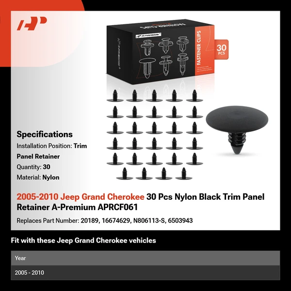 2005-2010 Jeep Grand Cherokee 30 Pcs Nylon Black Trim Panel Retainer A-Premium APRCF061