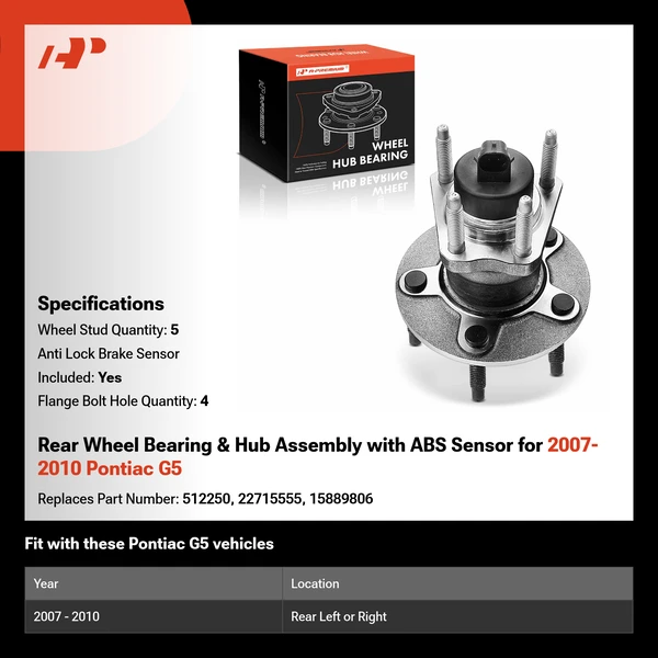 Rear Wheel Bearing & Hub Assembly with ABS Sensor for 2007-2010 Pontiac G5