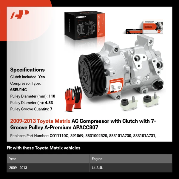 2009-2013 Toyota Matrix AC Compressor with Clutch with 7-Groove Pulley A-Premium APACC807