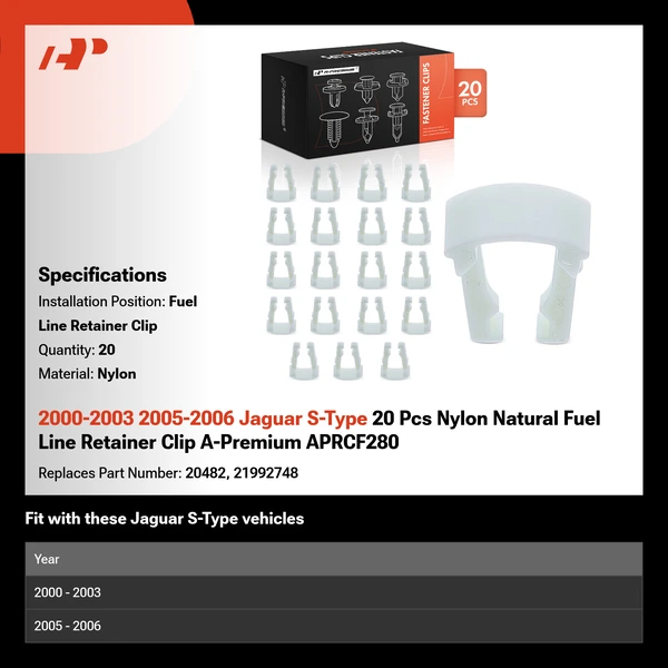 2000-2003 2005-2006 Jaguar S-Type 20 Pcs Nylon Natural Fuel Line Retainer Clip A-Premium APRCF280