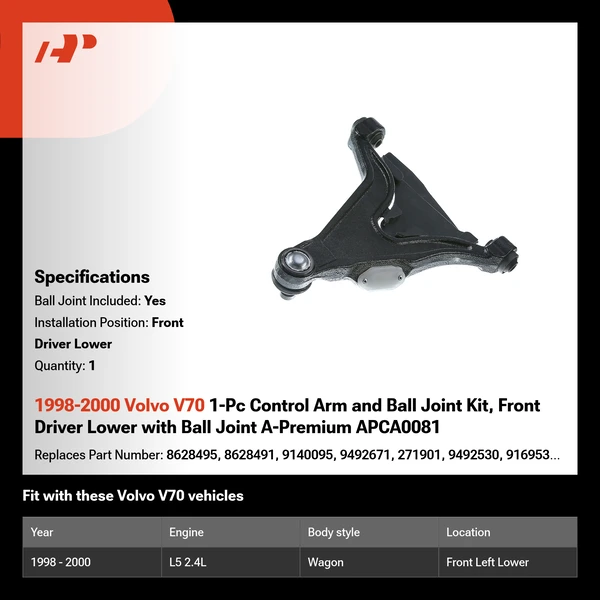 1998-2000 Volvo V70 1-Pc Control Arm and Ball Joint Kit, Front Driver Lower with Ball Joint A-Premium APCA0081