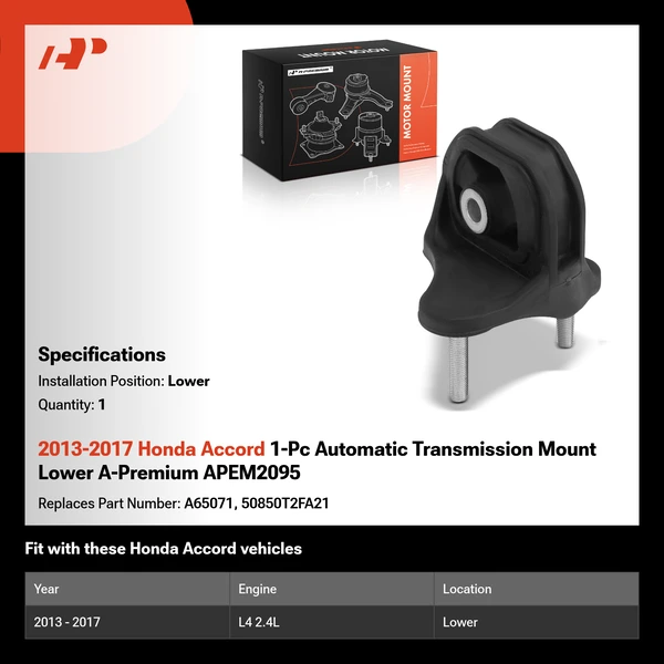 2013-2017 Honda Accord 1-Pc Automatic Transmission Mount Lower A-Premium APEM2095