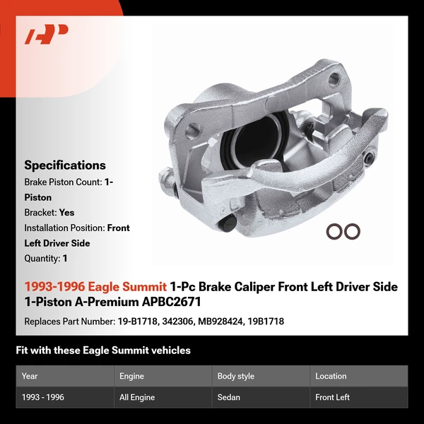 1993-1996 Eagle Summit 1-Pc Brake Caliper Front Left Driver Side 1-Piston A-Premium APBC2671