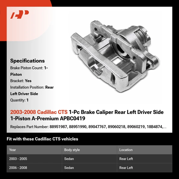 2003-2008 Cadillac CTS 1-Pc Brake Caliper Rear Left Driver Side 1-Piston A-Premium APBC0419