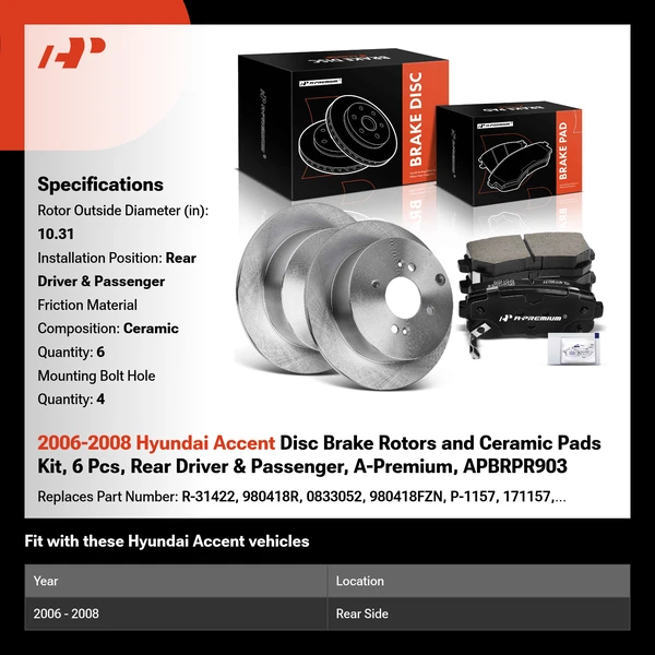 2006-2008 Hyundai Accent Disc Brake Rotors and Ceramic Pads Kit, 6 Pcs, Rear Driver & Passenger, A-Premium, APBRPR903