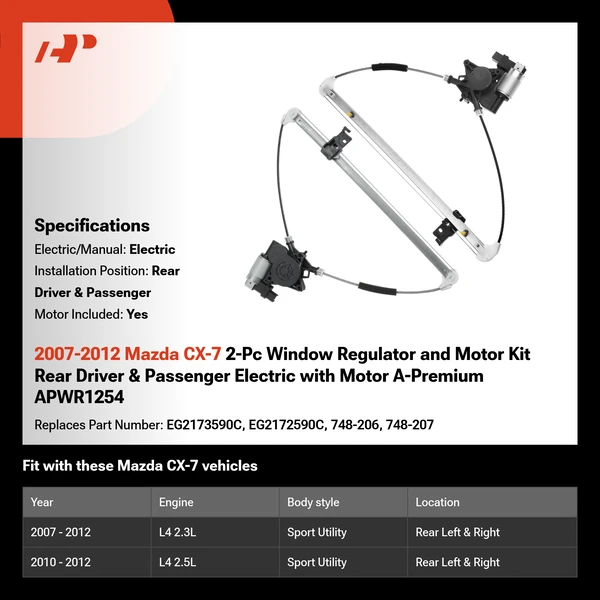2007-2012 Mazda CX-7 2-Pc Window Regulator and Motor Kit Rear Driver & Passenger Electric with Motor A-Premium APWR1254