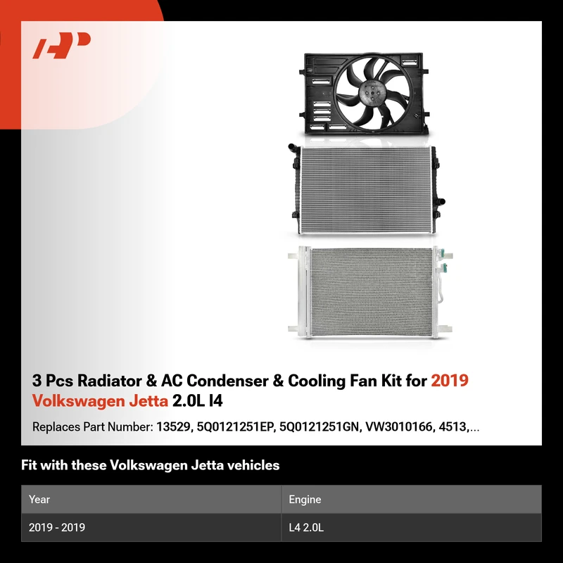 3 Pcs Radiator & AC Condenser & Cooling Fan Kit for 2019 Volkswagen Jetta 2.0L l4