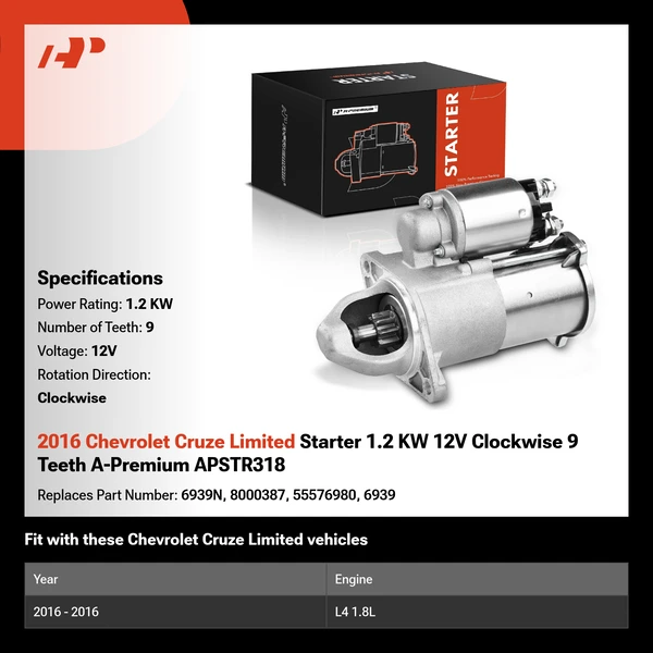 2016 Chevrolet Cruze Limited Starter 1.2 KW 12V Clockwise 9 Teeth A-Premium APSTR318
