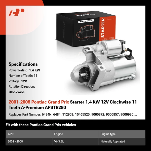 2001-2008 Pontiac Grand Prix Starter 1.4 KW 12V Clockwise 11 Teeth A-Premium APSTR280