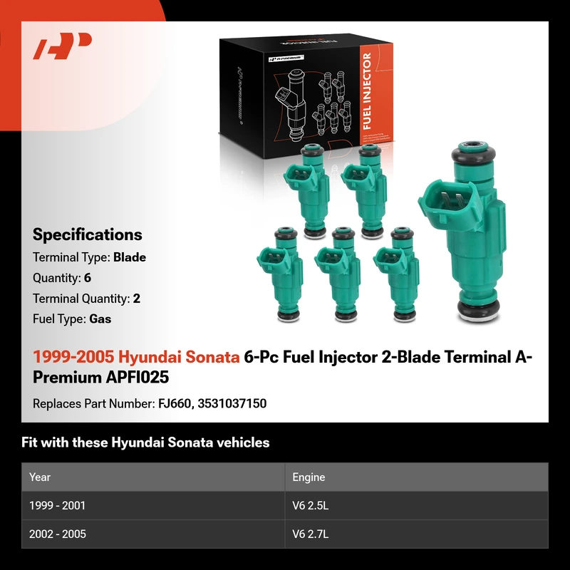 1999-2005 Hyundai Sonata 6-Pc Fuel Injector 2-Blade Terminal A-Premium APFI025
