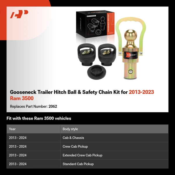 Gooseneck Trailer Hitch Ball & Safety Chain Kit for 2013-2023 Ram 3500