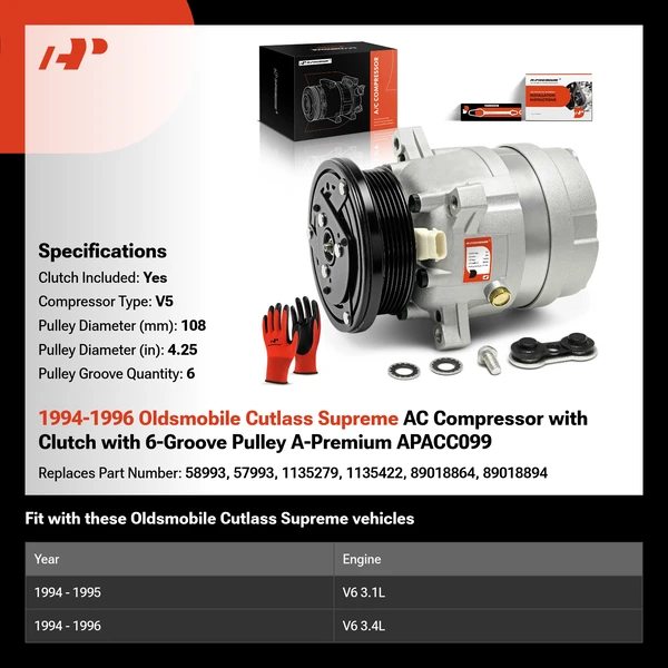 1994-1996 Oldsmobile Cutlass Supreme AC Compressor with Clutch with 6-Groove Pulley A-Premium APACC099