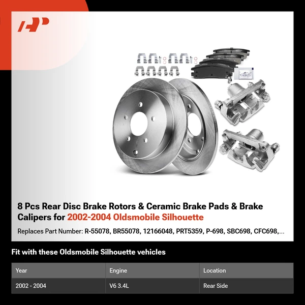 8 Pcs Rear Disc Brake Rotors & Ceramic Brake Pads & Brake Calipers for 2002-2004 Oldsmobile Silhouette
