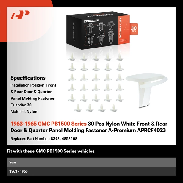1963-1965 GMC PB1500 Series 30 Pcs Nylon White Front & Rear Door & Quarter Panel Molding Fastener A-Premium APRCF4023