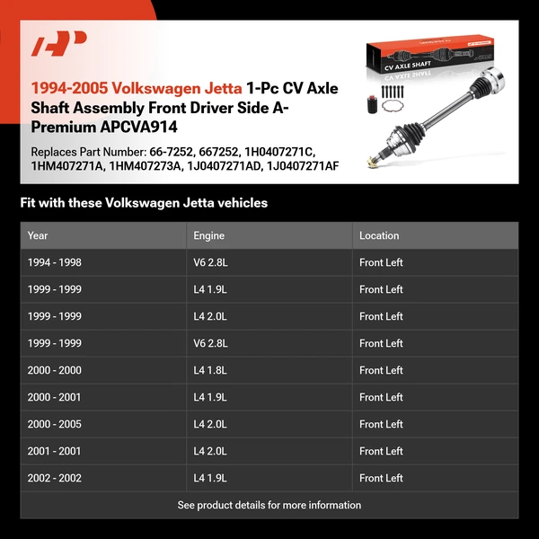 1994-2005 Volkswagen Jetta 1-Pc CV Axle Shaft Assembly Front Driver Side A-Premium APCVA914
