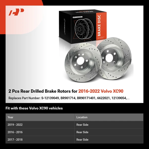 2 Pcs Rear Drilled Brake Rotors for 2016-2022 Volvo XC90