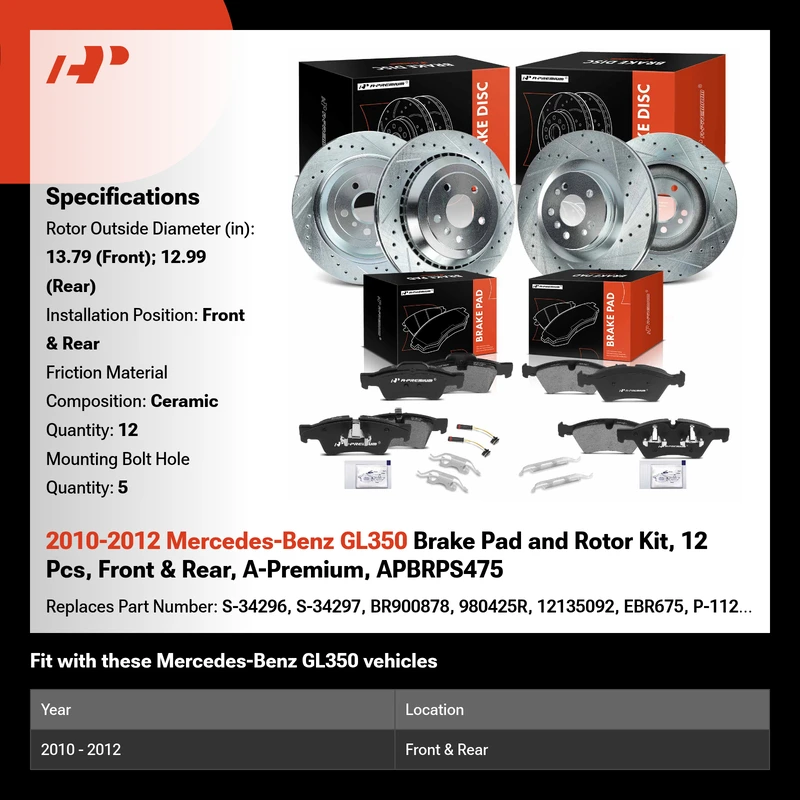 2010-2012 Mercedes-Benz GL350 Brake Pad and Rotor Kit, 12 Pcs, Front & Rear, A-Premium, APBRPS475