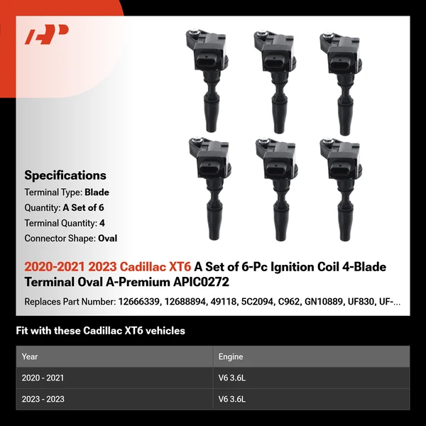 2020-2021 2023 Cadillac XT6 A Set of 6-Pc Ignition Coil 4-Blade Terminal Oval A-Premium APIC0272