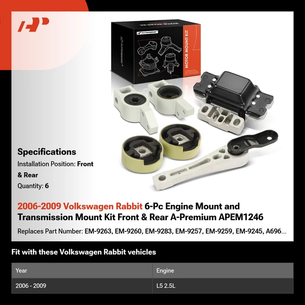 2006-2009 Volkswagen Rabbit 6-Pc Engine Mount and Transmission Mount Kit Front & Rear A-Premium APEM1246