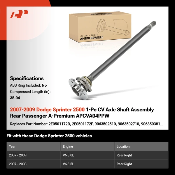 2007-2009 Dodge Sprinter 2500 1-Pc CV Axle Shaft Assembly Rear Passenger A-Premium APCVA04PPW