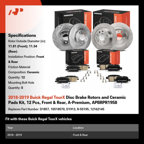 2018-2019 Buick Regal TourX Disc Brake Rotors and Ceramic Pads Kit, 12 Pcs, Front & Rear, A-Premium, APBRPR1958