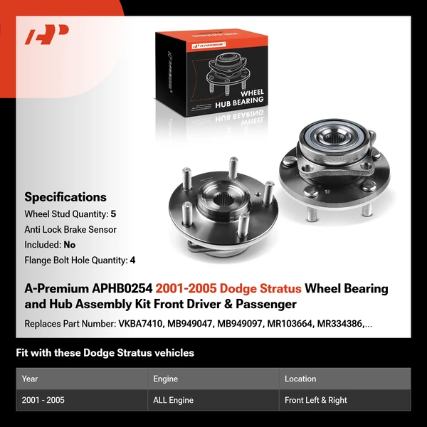 A-Premium APHB0254 2001-2005 Dodge Stratus Wheel Bearing and Hub Assembly Kit Front Driver & Passenger