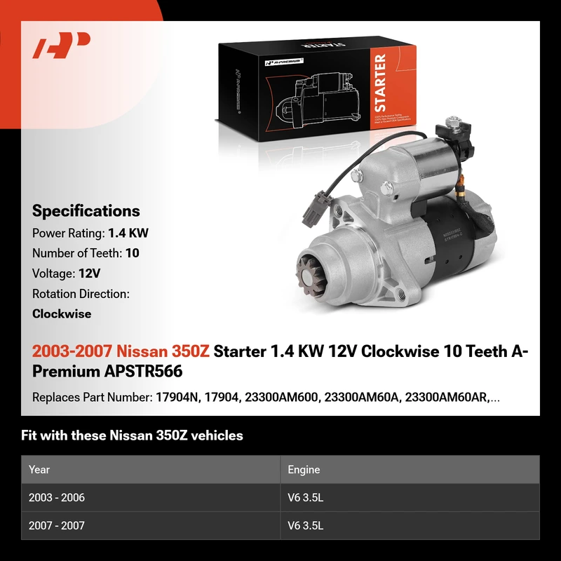 2003-2007 Nissan 350Z Starter 1.4 KW 12V Clockwise 10 Teeth A-Premium APSTR566