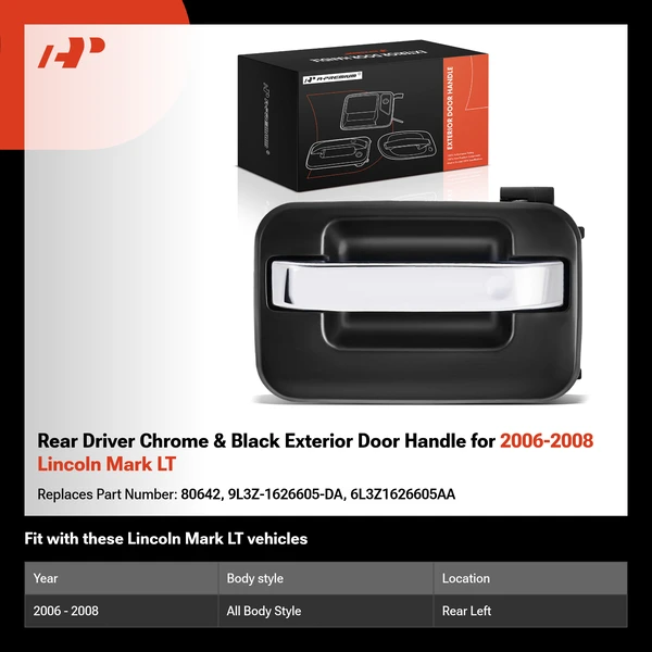 Rear Driver Chrome & Black Exterior Door Handle for 2006-2008 Lincoln Mark LT