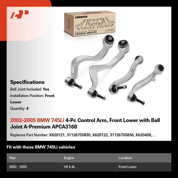2002-2005 BMW 745Li 4-Pc Control Arm, Front Lower with Ball Joint A-Premium APCA3160