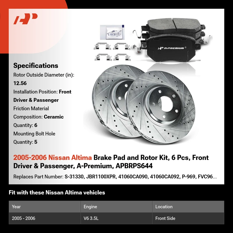 2005-2006 Nissan Altima Brake Pad and Rotor Kit, 6 Pcs, Front Driver & Passenger, A-Premium, APBRPS644