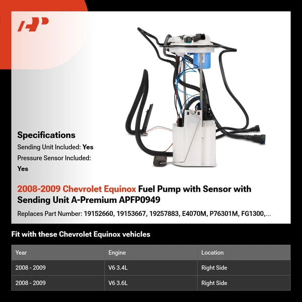 2008-2009 Chevrolet Equinox Fuel Pump with Sensor with Sending Unit A-Premium APFP0949