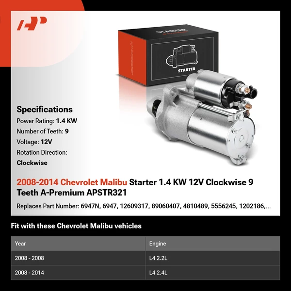 2008-2014 Chevrolet Malibu Starter 1.4 KW 12V Clockwise 9 Teeth A-Premium APSTR321