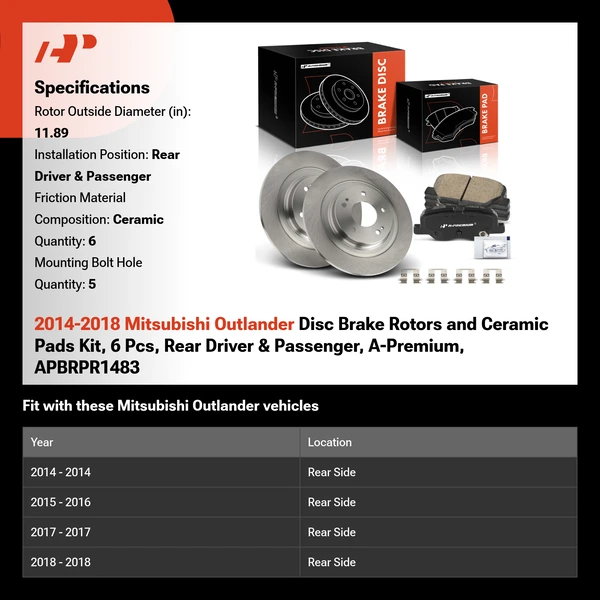 2014-2018 Mitsubishi Outlander Disc Brake Rotors and Ceramic Pads Kit, 6 Pcs, Rear Driver & Passenger, A-Premium, APBRPR1483