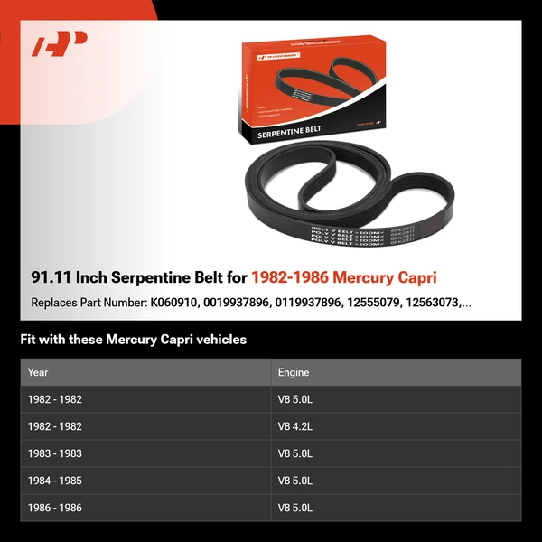 91.11 Inch Serpentine Belt for 1982-1986 Mercury Capri