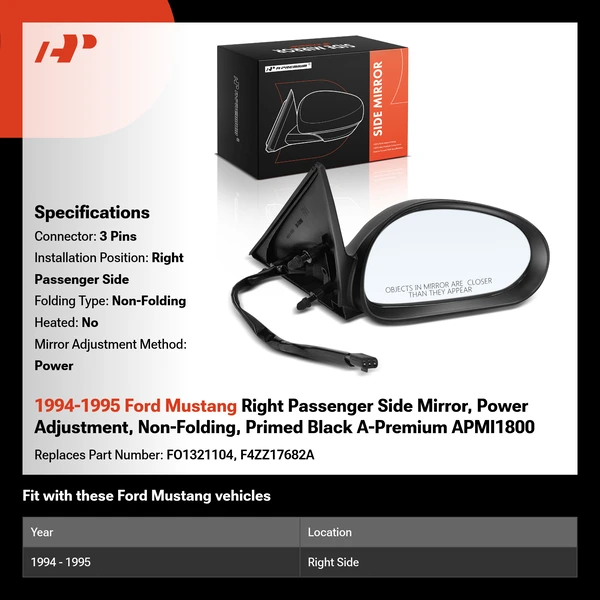 1994-1995 Ford Mustang Right Passenger Side Mirror, Power Adjustment, Non-Folding, Primed Black A-Premium APMI1800