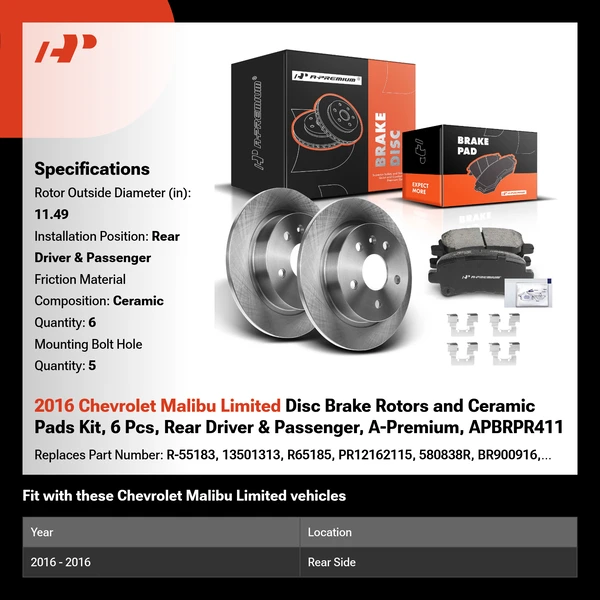 2016 Chevrolet Malibu Limited Disc Brake Rotors and Ceramic Pads Kit, 6 Pcs, Rear Driver & Passenger, A-Premium, APBRPR411